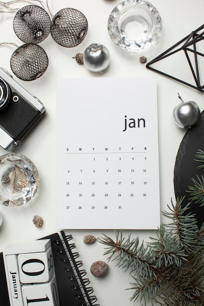 Top view january calendar and decorations