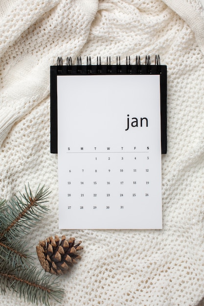 Top view january calendar and fir tree twigs