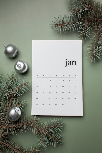 Free photo top view january calendar and twigs