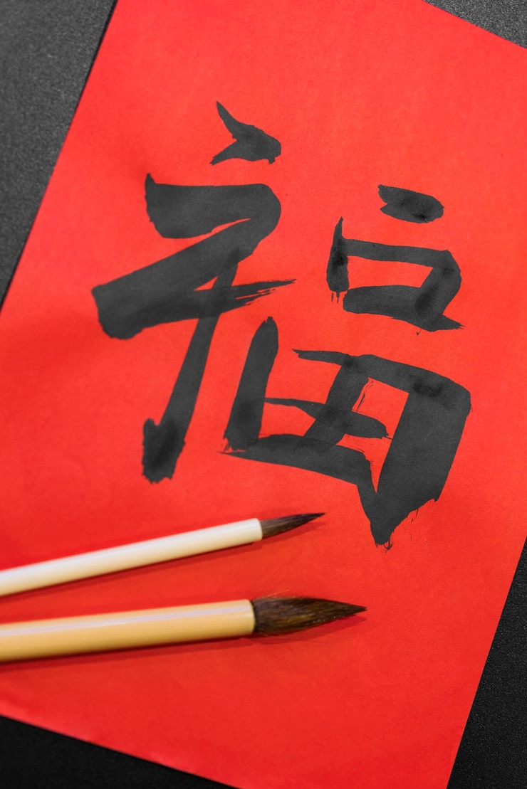 Free Photo top view japanese symbols with brushes