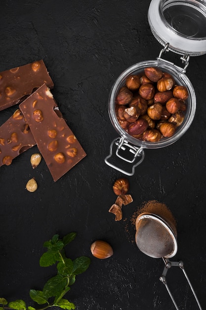 Top view jar filled with hazelnuts