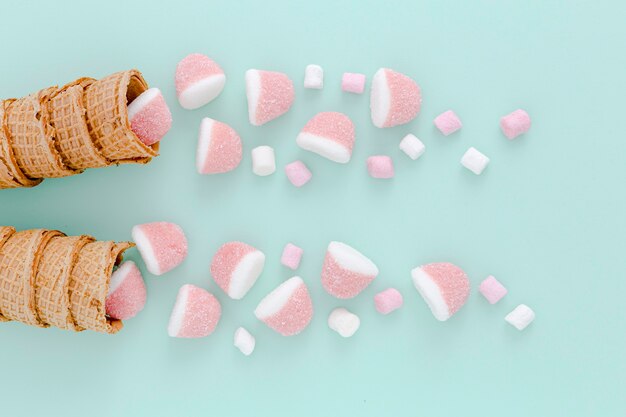 Top view jellies in ice cream cones