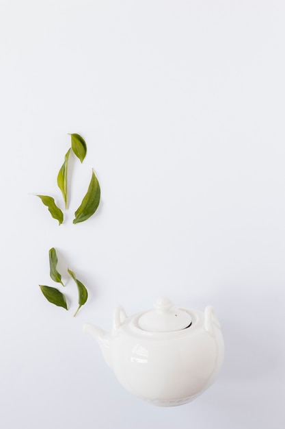 Top view of kettle with tea leaves