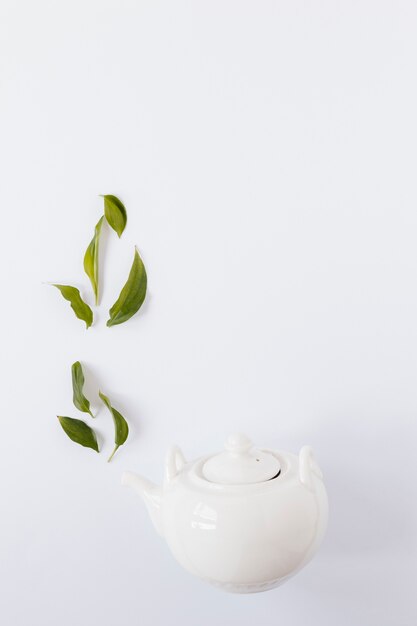 Top view of kettle with tea leaves