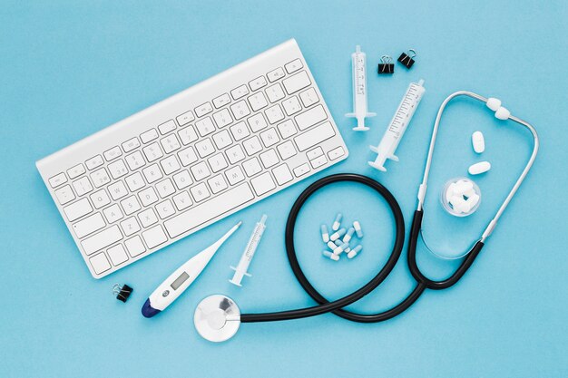 Top view keyboard and stethoscope