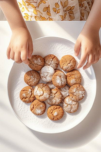 Top view kid with delicious cookies