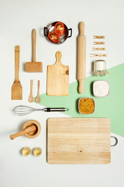 Top view kitchen tools arrangement