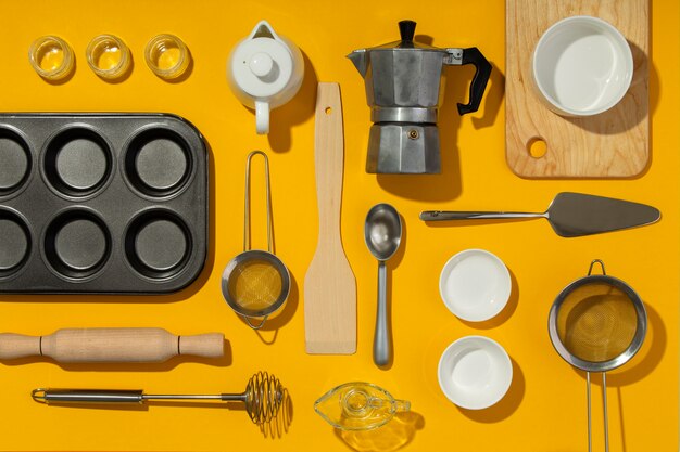 Top view kitchen utensils arrangement