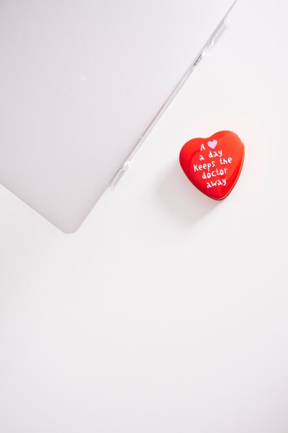 Top view of laptop with heart