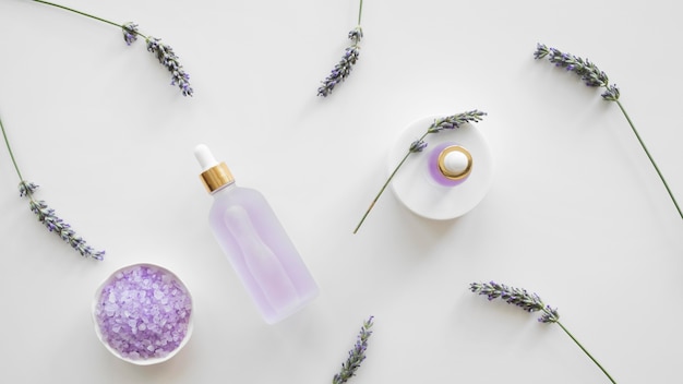 Top view lavender skincare products