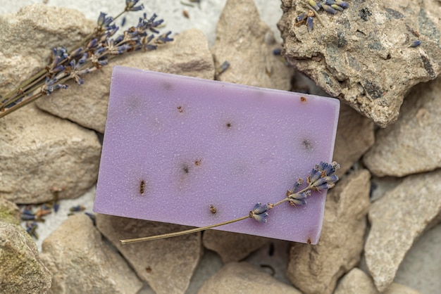 Top view lavender soap on rocks