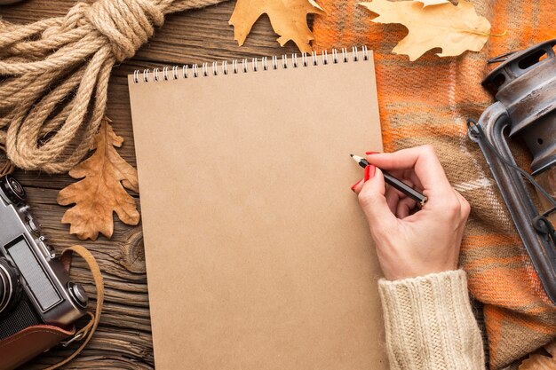 Top view of leaves with notebook and camera