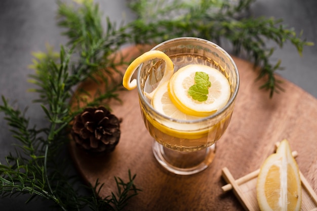 Top view of lemon slices in beverage