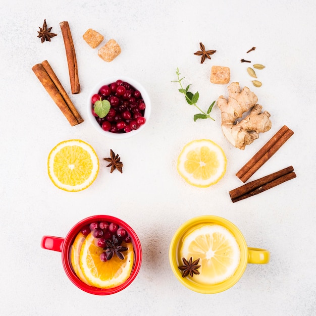 Top view lemon tea and fruits flavored