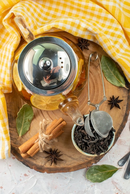 Top view lemon tea in kettle on a white background breakfast ceremony flavor food color morning fruit flower