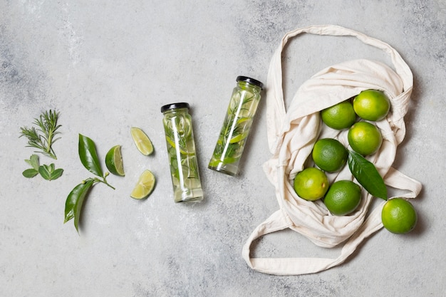 Top view lime infused water bottles