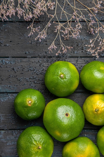 Free photo top view limes on table big limes next to branches on the right side of table