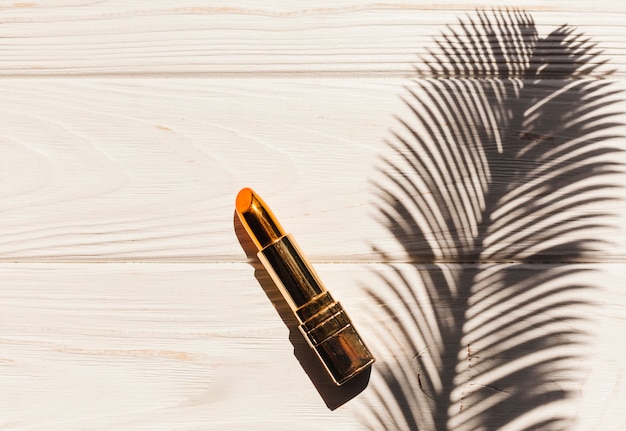 Free photo top view lipstick with palm branch shadow