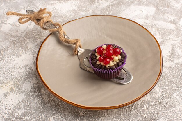 Top view little chocolate brownie with cranberries on the bright background cake biscuit sweet bake