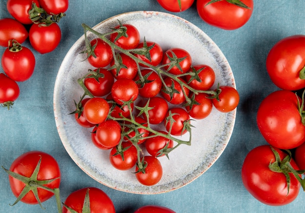 Top view of little tomatoes in plate with other ones on blue surface