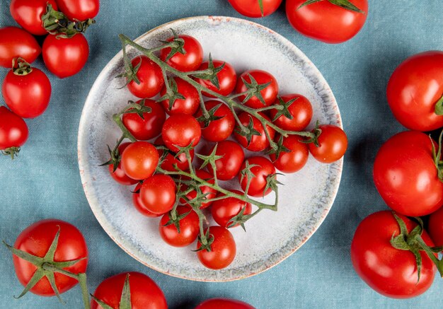 Top view of little tomatoes in plate with other ones on blue