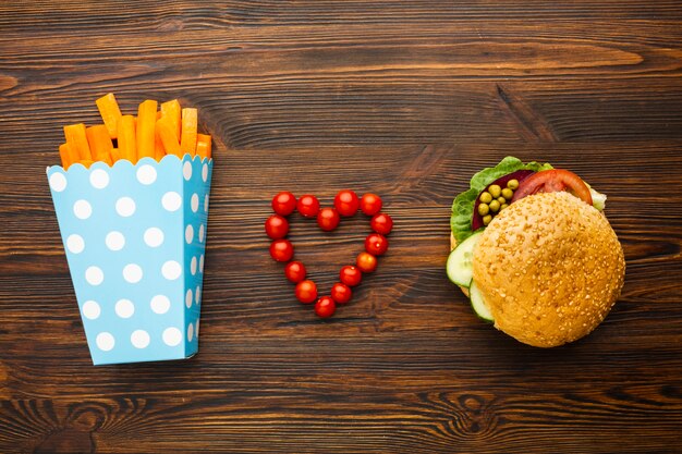 Top view love vegan fast food