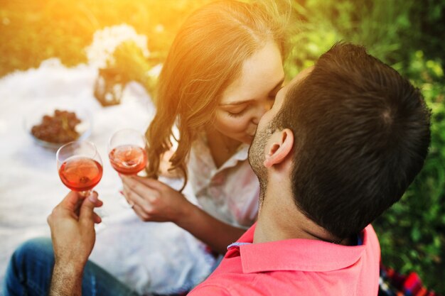 Top view of lovers kissing