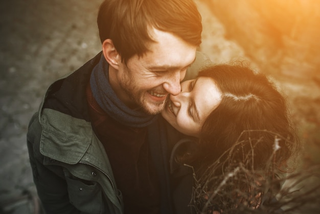 Top view of lovers laughing together