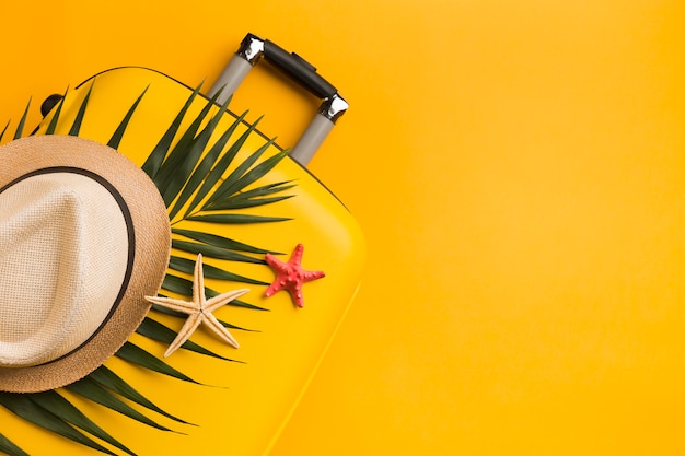 Top view of luggage with starfish and hat