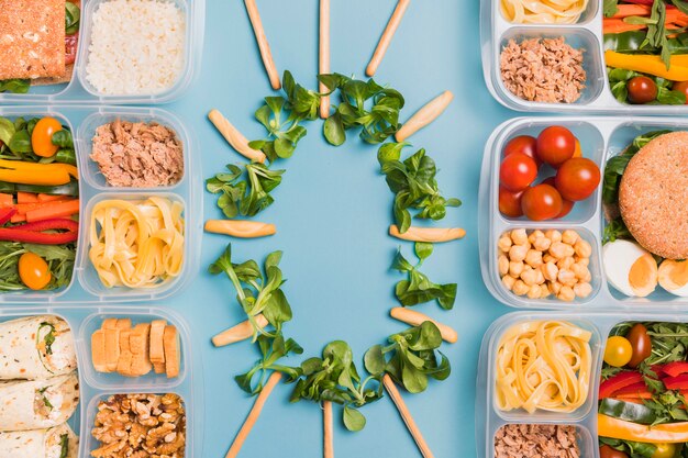 Top view lunchboxes with breadsticks and leaves