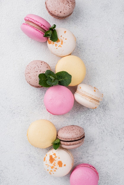Top view of macarons with mint