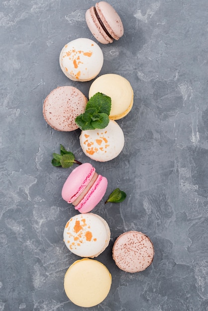 Top view of macarons with mint