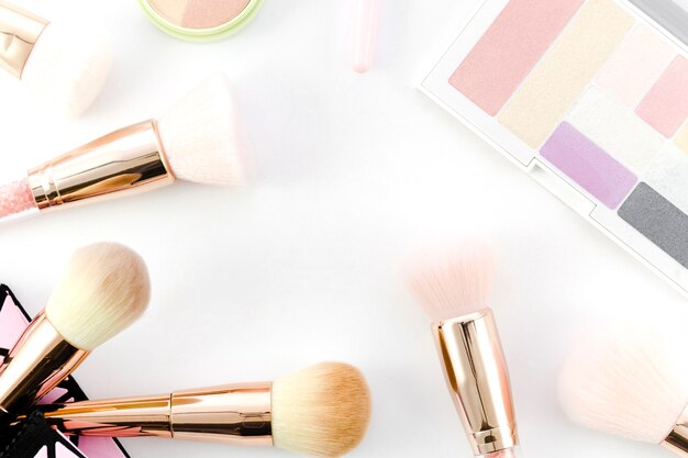 top view make up brushes with eye shadows