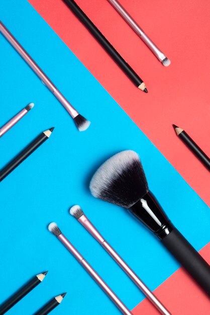 Top view makeup brushes arrangement