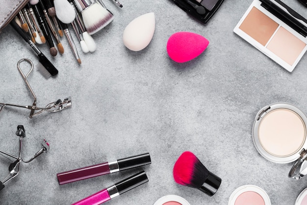 Free photo top view of makeup on desk concept