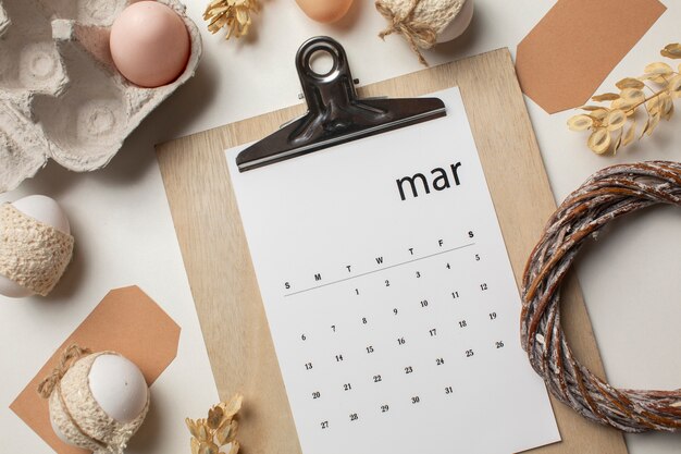 Top view march calendar and items