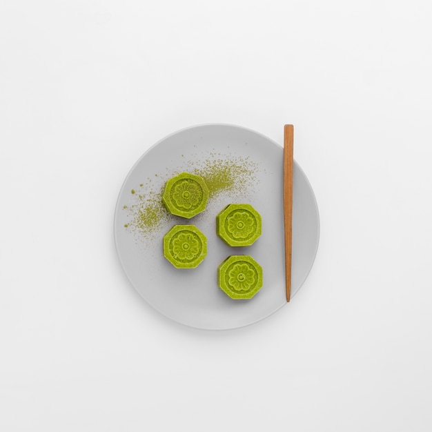 Top view matcha rolls on a plate