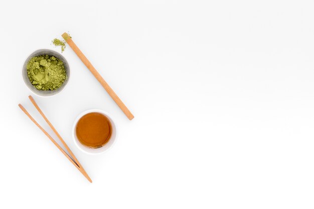 Top view matcha tea concept with copy space