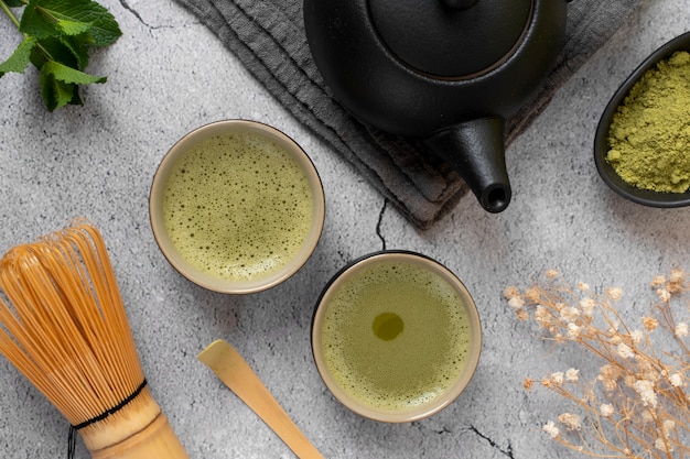 Top view matcha tea still life