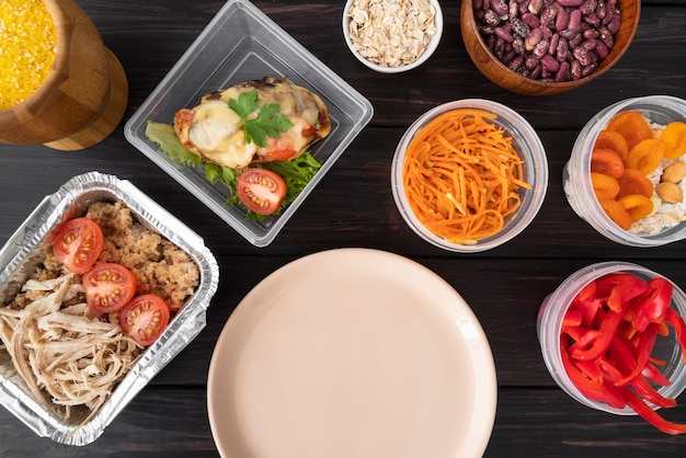 Top view of meat and vegetables