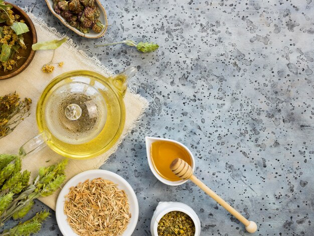 Top view of medicinal spices and herbs with copy space