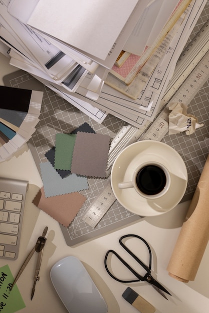 Top view of messy office workspace with stationery