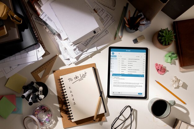 Top view of messy office workspace with tablet