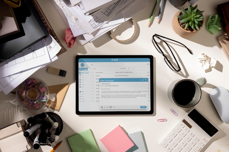 Free Photo top view of messy office workspace with tablet