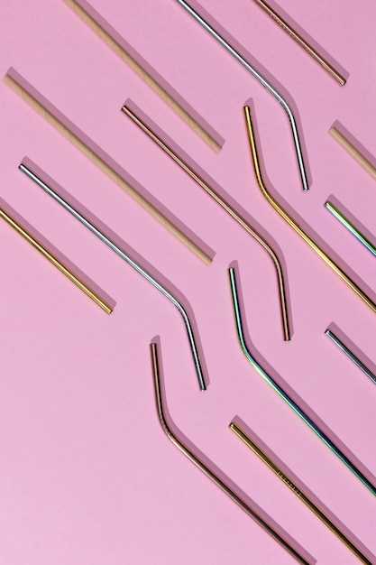 Top view of metallic straws collection