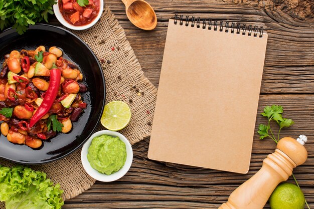 Top view mexican food with guacamole