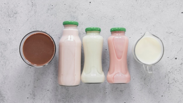 Top view milk bottles arrangement