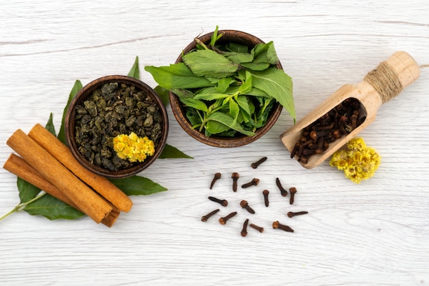 Foto gratuita una vista dall'alto di menta e cannella con spezie su bianco, foglie di ingredienti