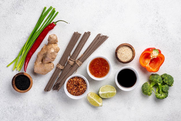 Top view mix of asian food ingredients with copy space