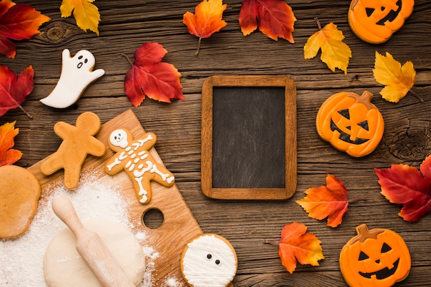 Top view mix of halloween cookies with mock-up